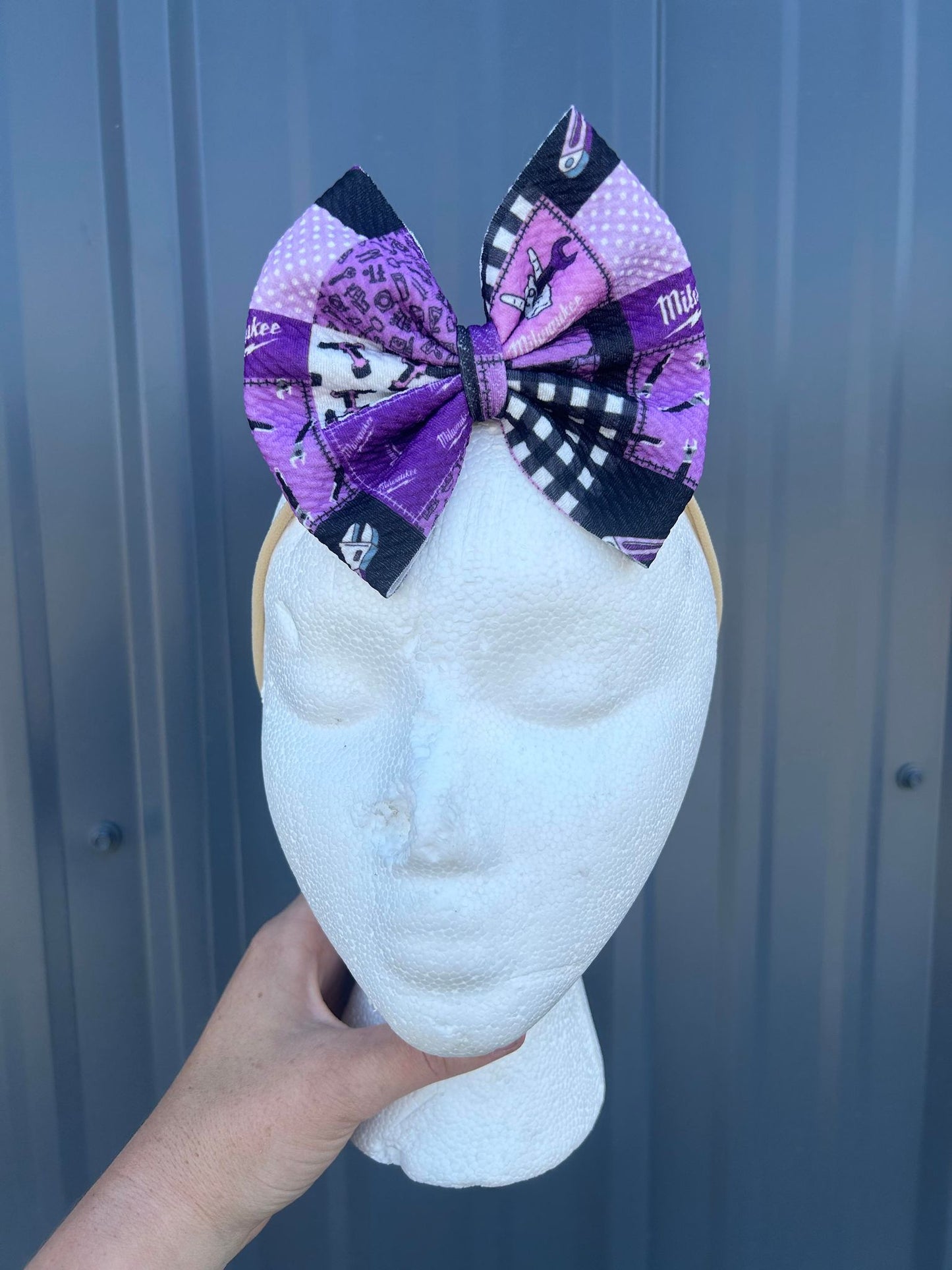 Purple mechanic tools patchwork bows - 5"