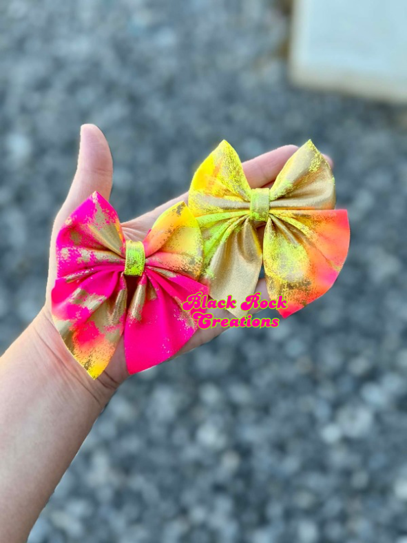 sunset beach volcano holo bows - all styles LEAVE HARDWARE IN NOTES PLZ (CLIP OR NYLON)