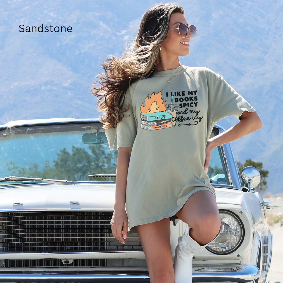 I like my book spicy and my coffee icy colors t-shirt