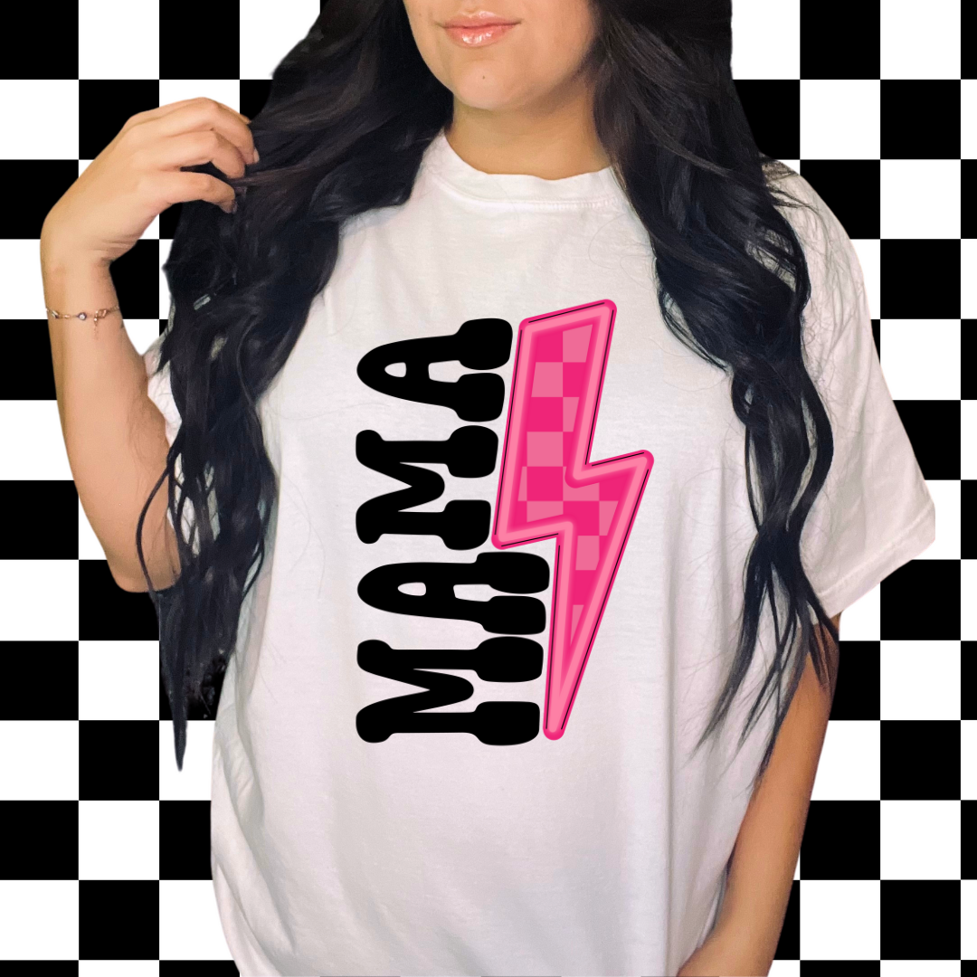 pink mama checkered bolt comfort colors tshirt