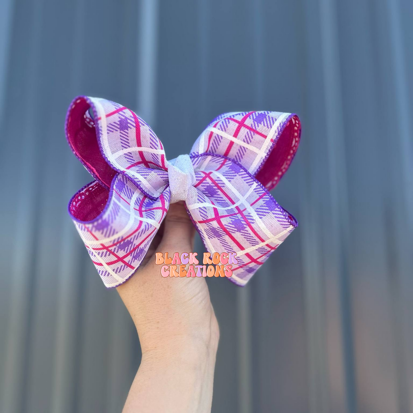 Pink & purple plaid ribbon bow 5.5"