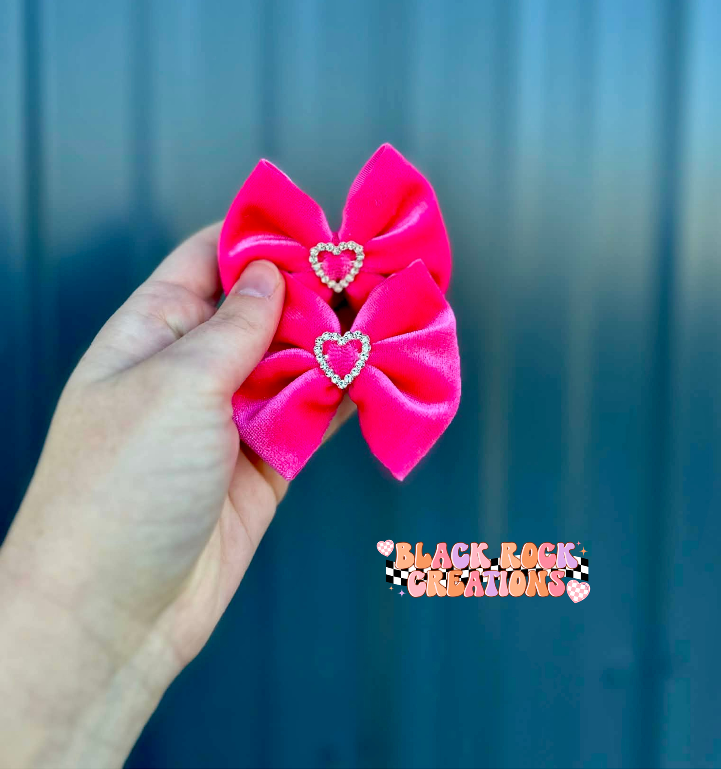 Hot pink velvet heart rhinestone bows - all styles