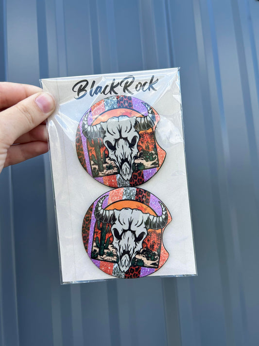 Western skull neoprene car coaster set