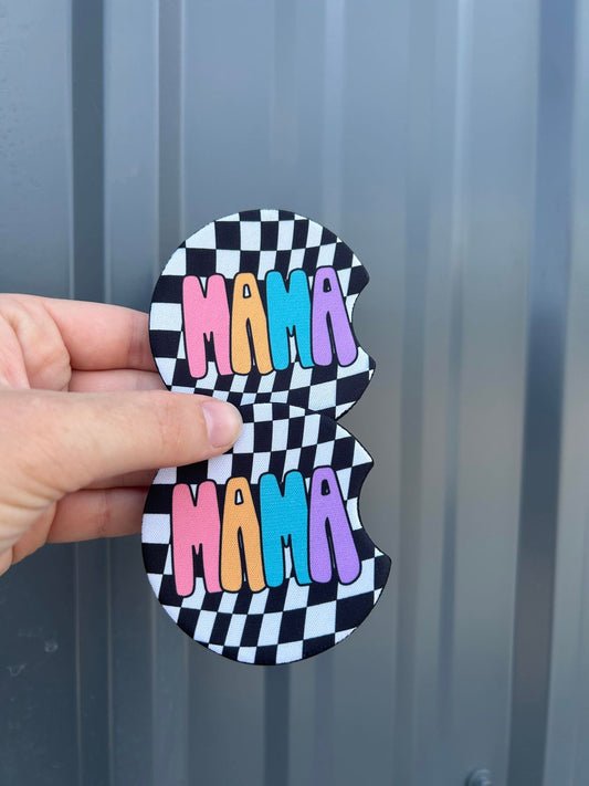 Checkered neon mama neoprene car coasters