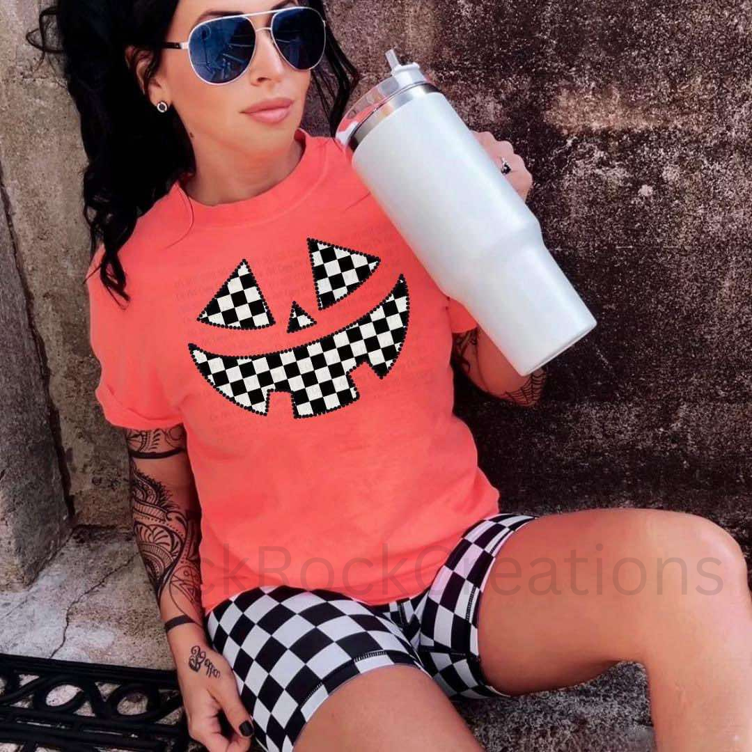 Checkered pumpkin face comfort colors tshirt