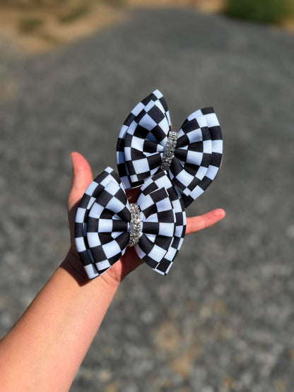 Checkerd puff bows with rhinestone center
