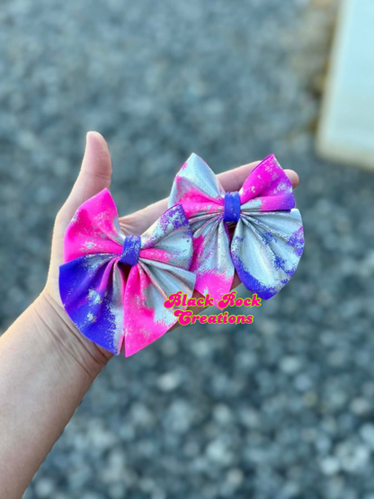 Pink and purple volcano holo bows - all styles LEAVE HARDWARE IN NOTES PLZ (CLIP OR NYLON)