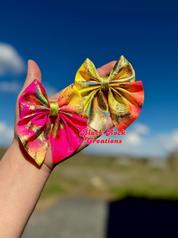 sunset beach volcano holo bows - all styles LEAVE HARDWARE IN NOTES PLZ (CLIP OR NYLON)