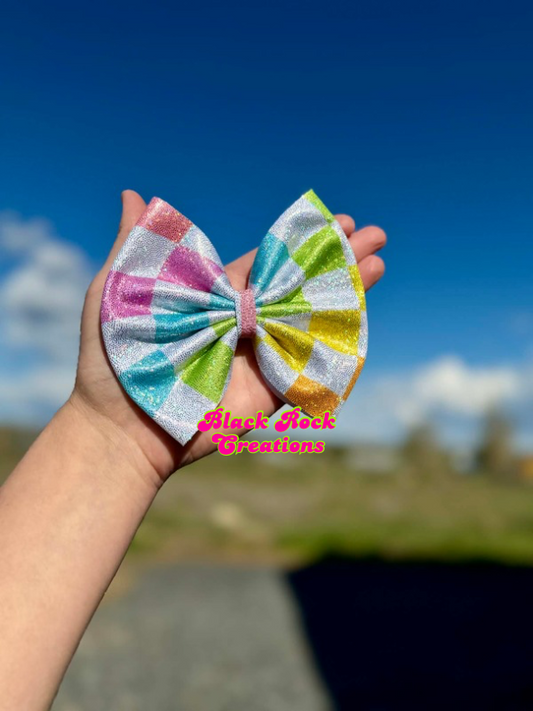 Summer checkered holo bows - all styles LEAVE HARDWARE IN NOTES PLZ (CLIP OR NYLON)