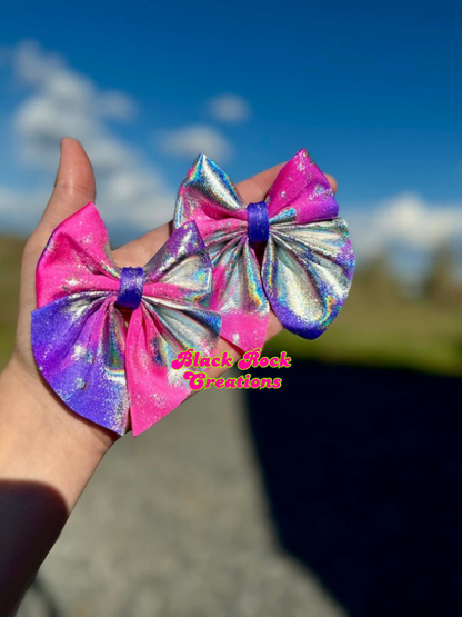 Pink and purple volcano holo bows - all styles LEAVE HARDWARE IN NOTES PLZ (CLIP OR NYLON)