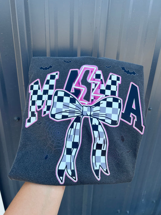 Neon pink checkered mama halloween comfort colors tee
