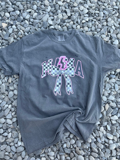 Neon pink checkered mama halloween comfort colors tee