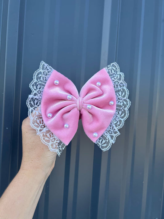 Pink velvet with white lace and pearls bow - many styles