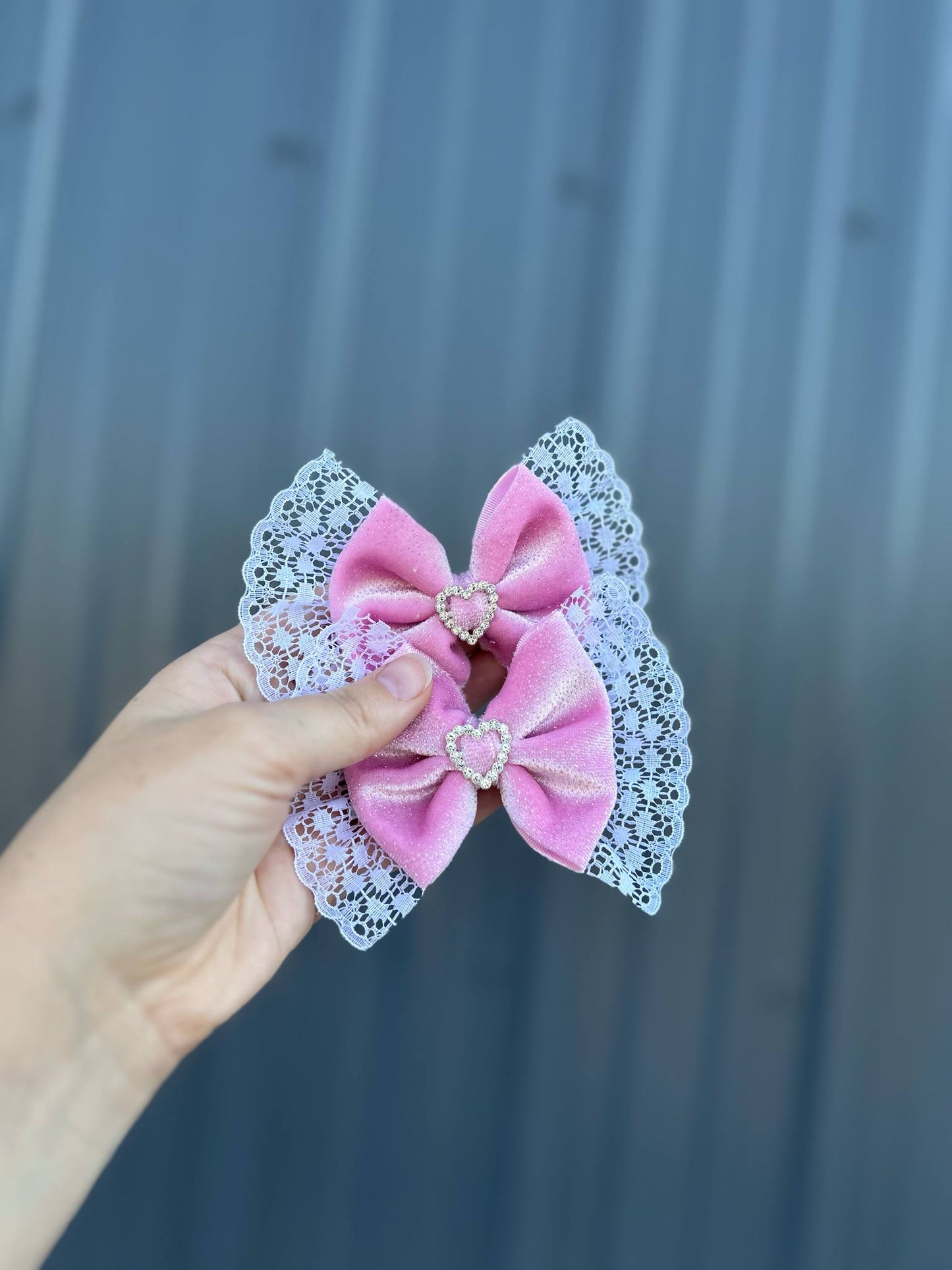 Pink glitter velvet bow with lace - many styles