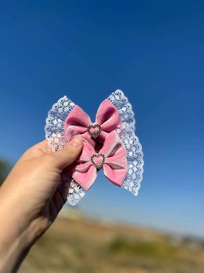 Pink glitter velvet bow with lace - many styles