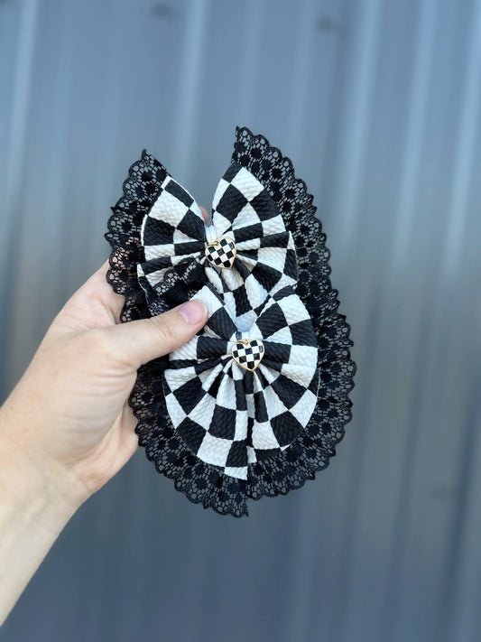 Black and white checkered bow with black lace and charms - many styles