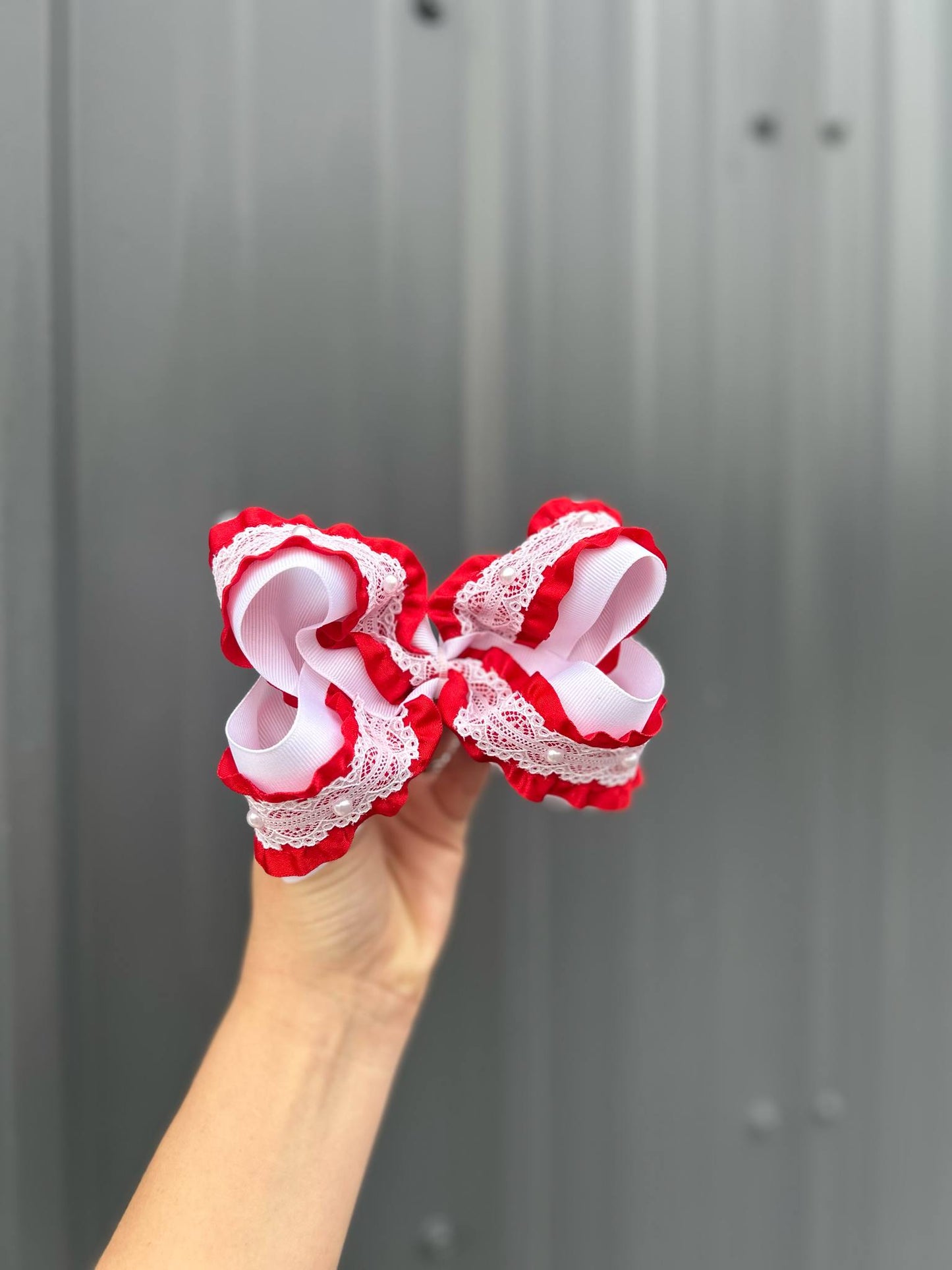 White with red ruffle lace ribbon bows - 5"