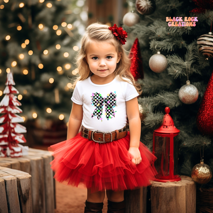 Checkered Christmas lights bow toddler tee