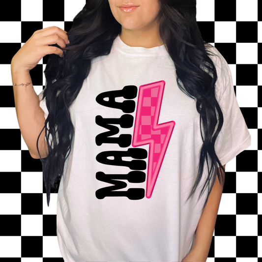 pink mama checkered bolt comfort colors tshirt