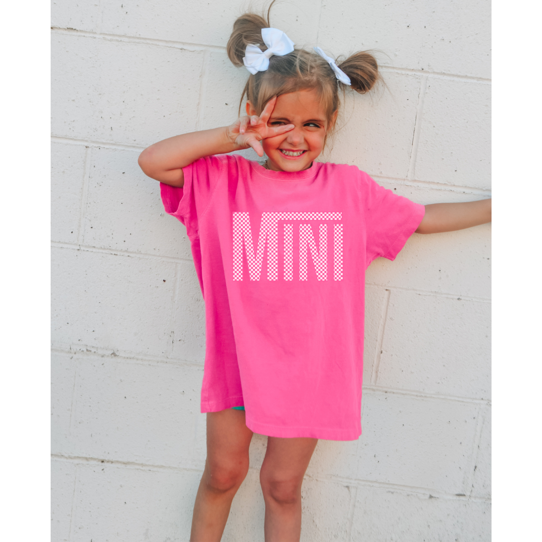 Pink checkered mini comfort colors tshirt