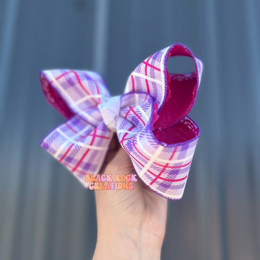 Pink & purple plaid ribbon bow 5.5"
